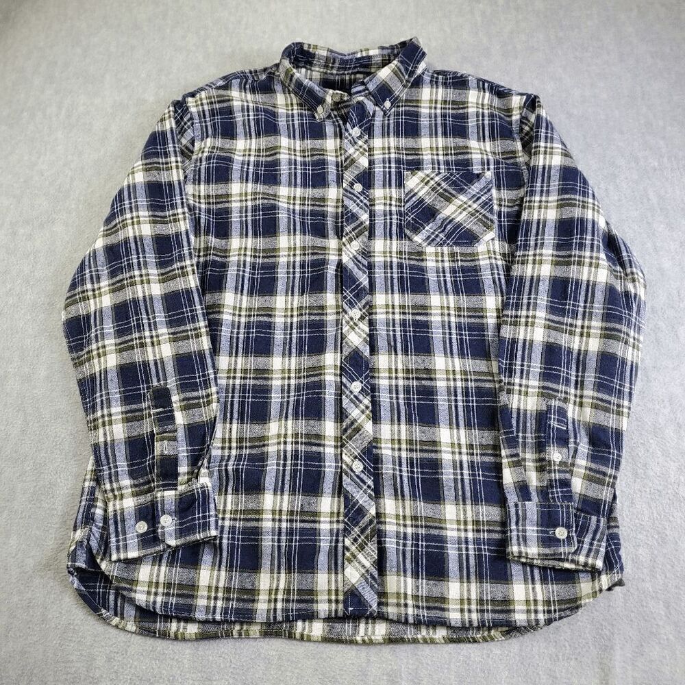 RQQBA Flannel Mens XL Blue Green Plaid Long Sleeve Button Down Shirt